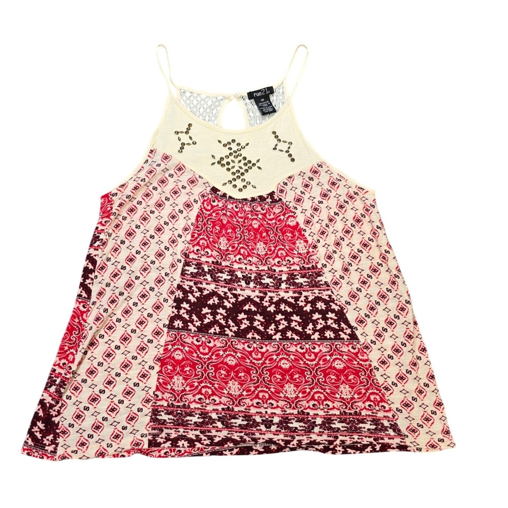 rue21 Mixed Print Cami Top Women's Size XS Red Cream Studded Crochet Lace Back